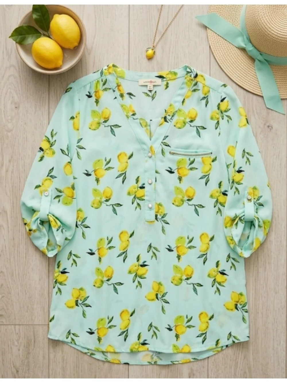 Wishful Park Mint Green Lemon-Print Henley Neckline Blouse
